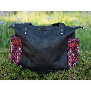 Artisan Guatemalan Convertible Day Bag CDB 100% black leather and huipil pockets